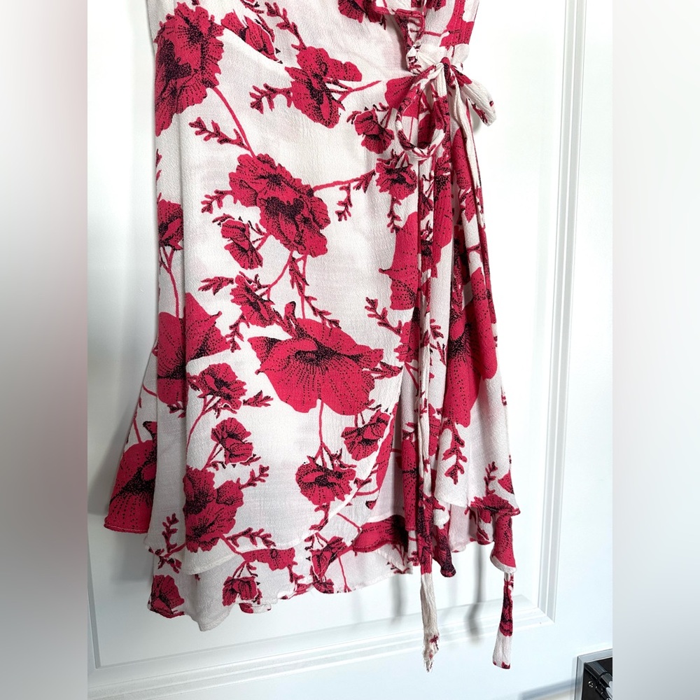 NWOT Free People pink and white Floral Wrap Dress with ruffle, V-neck detail - Picture 11 of 12
